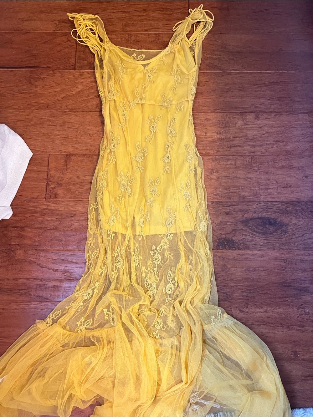 Kimchi Blue Yellow Slip Dress with Sheer Lace Overlay - Picture 2 of 3